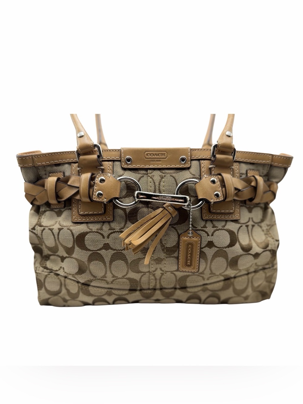 Coach Hamptons Signature Canvas Satchel / Carryall • Khaki & Brown (Pre-Loved)